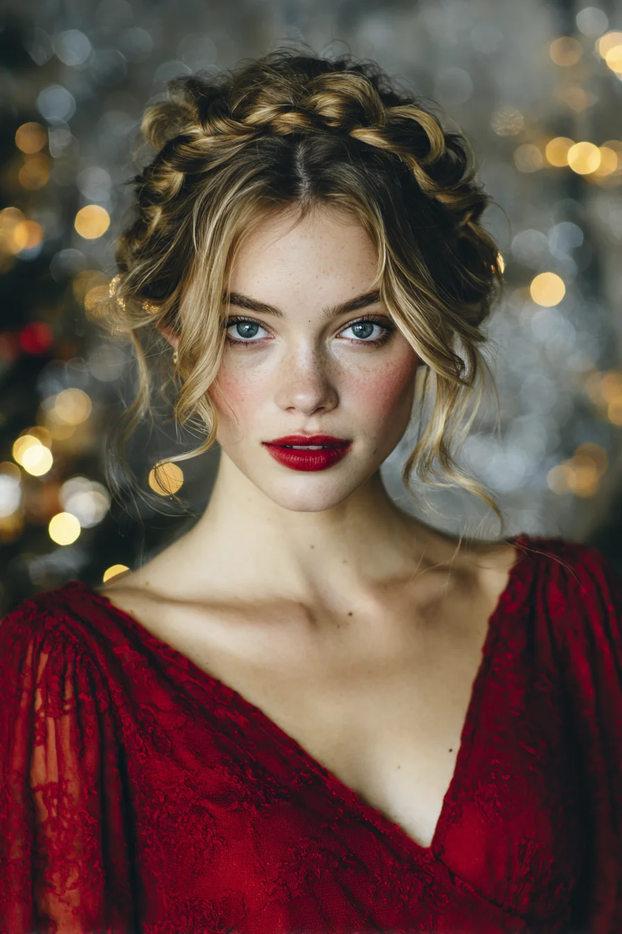 Romantic Braided Crown Updo with Face‑Framing Tendrils