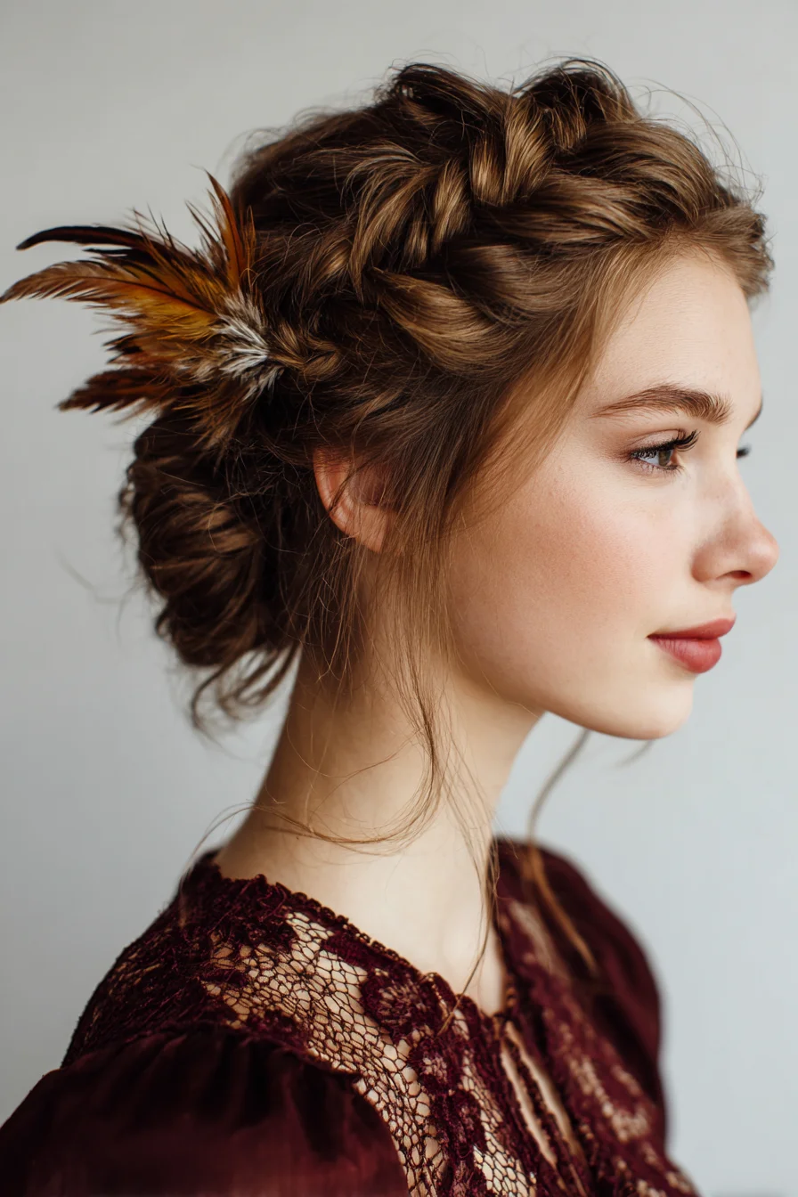 Romantic Braided Crown Updo with Feather Accent