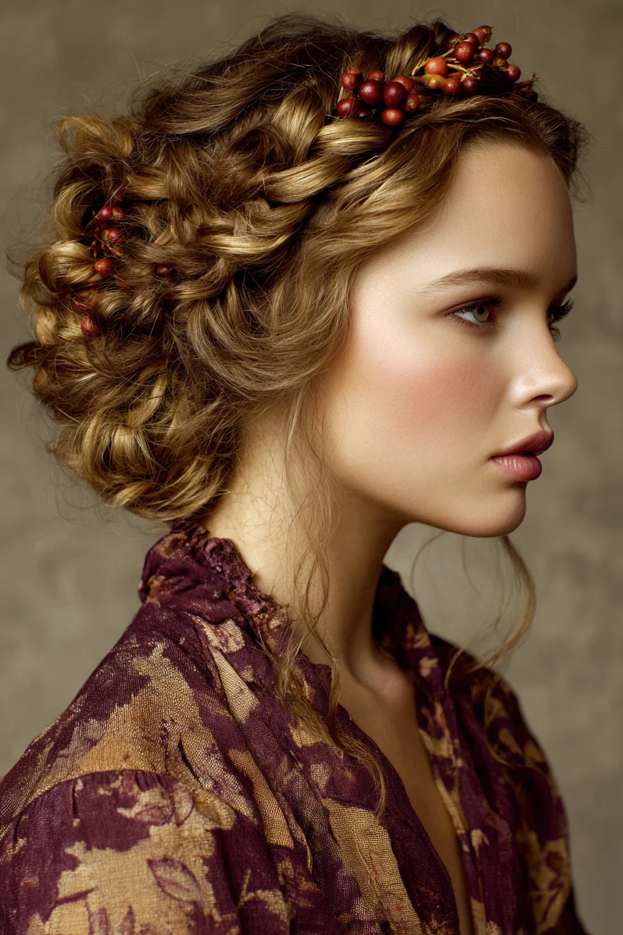 Romantic Braided Crown Updo with Loose Curls and Berry Accents