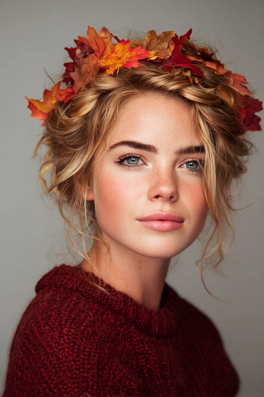 Romantic Braided Crown Updo with Loose Tendrils and Fall Leaf Wreath