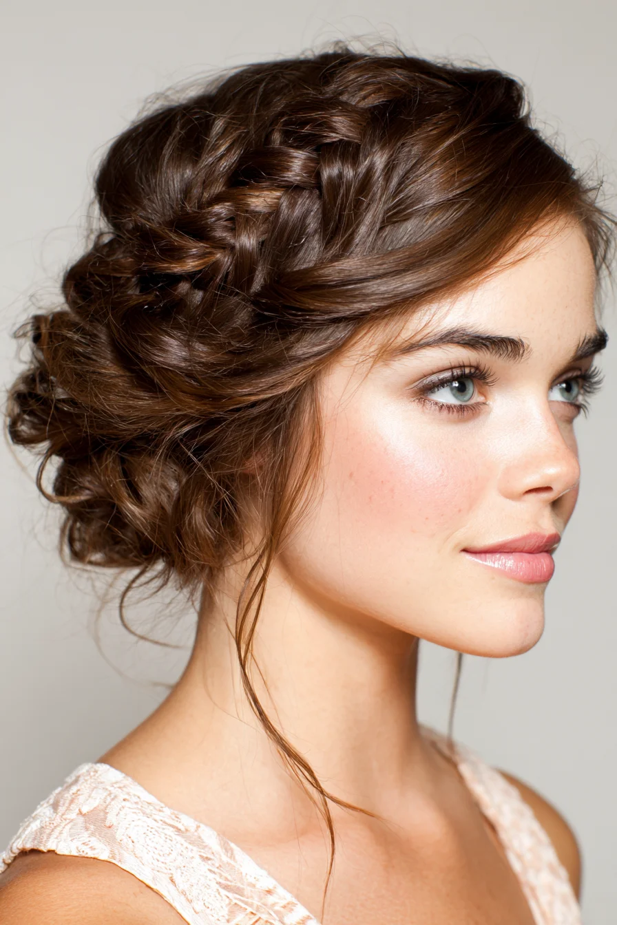 Romantic Braided Crown Updo with Textured Low Messy Bun