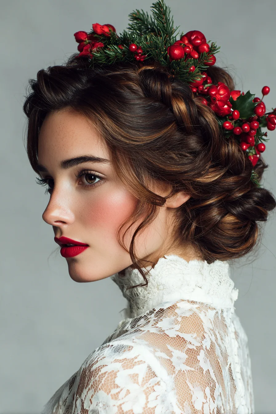 Romantic Braided Low Bun with Festive Berry Crown