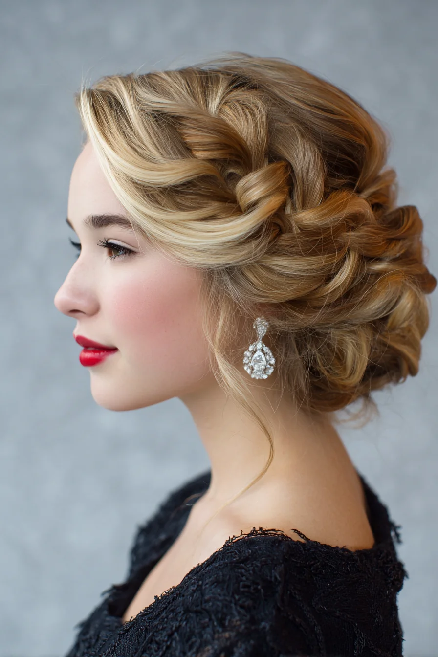 Romantic Braided-Twist Low Updo with Face‑Framing Tendril