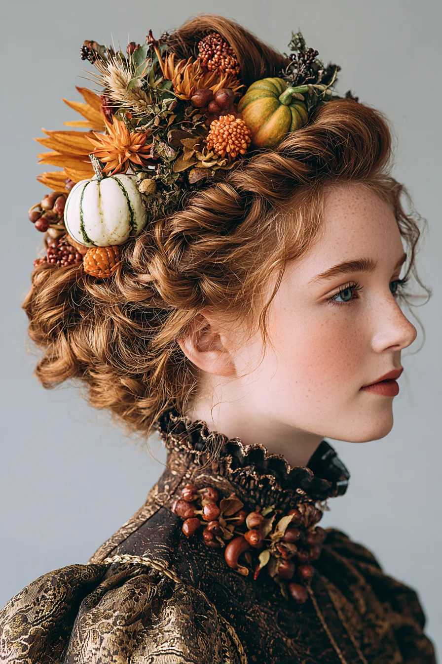 Romantic Braided Updo with Autumnal Floral and Pumpkin Accents