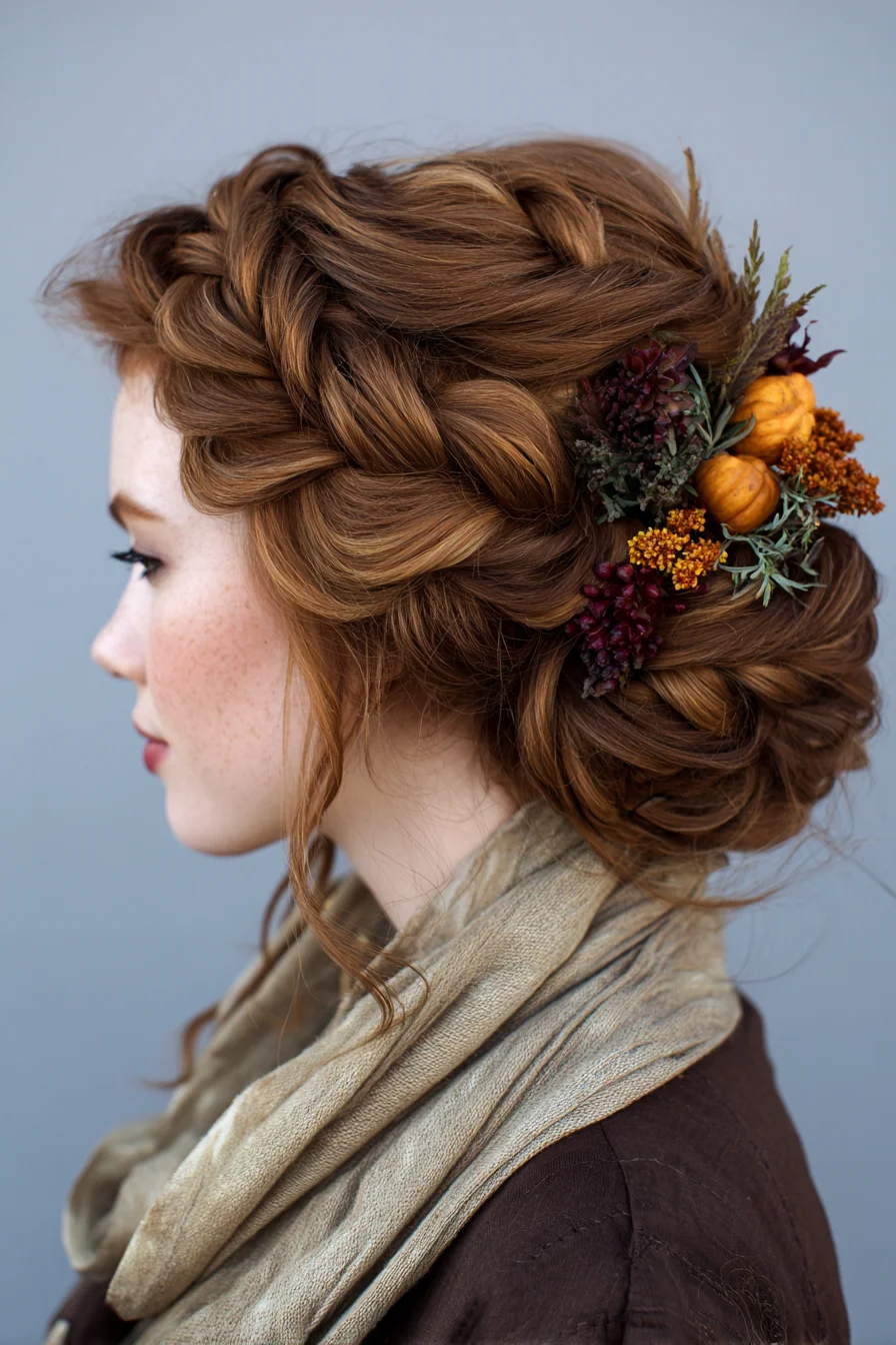 Romantic Crown Braid to Low Twisted Bun with Floral Accents