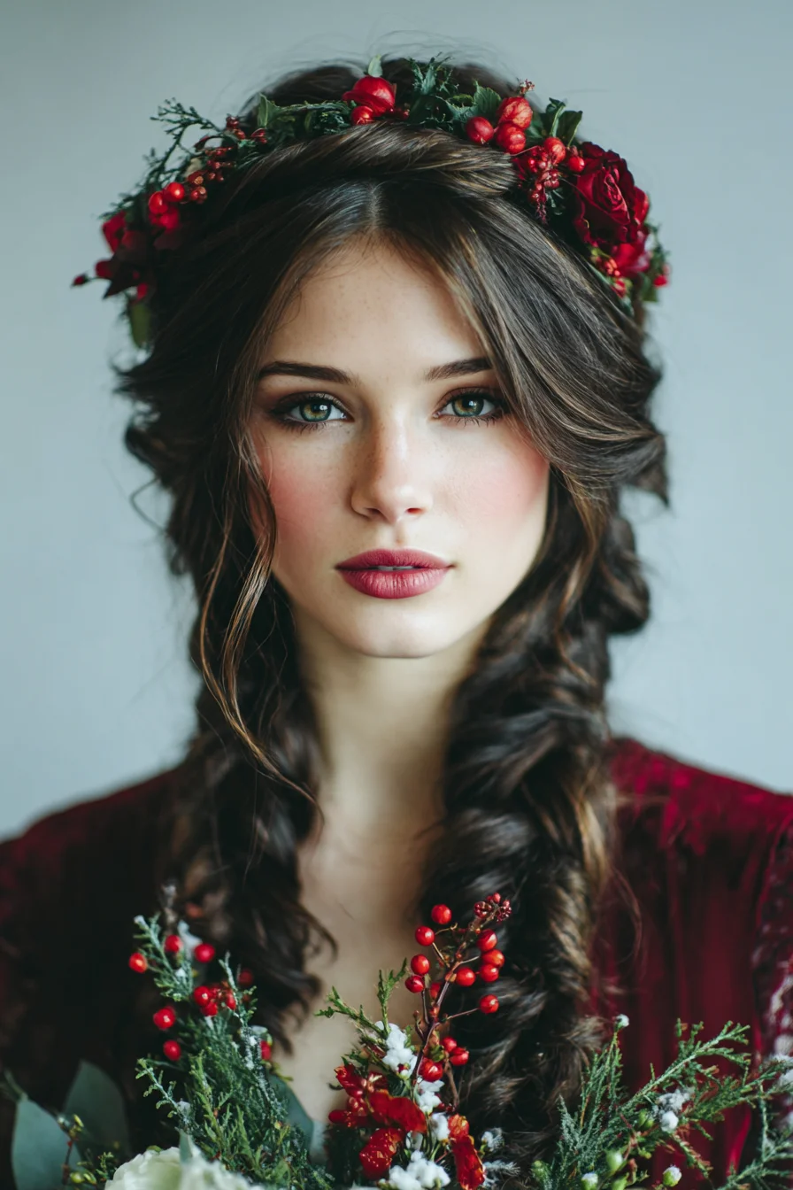 Romantic Double Fishtail Braids with Floral Crown and Face‑Framing Tendrils