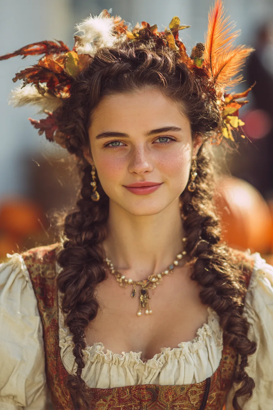 Romantic Double Textured Braids with Boho Feather and Foliage Crown