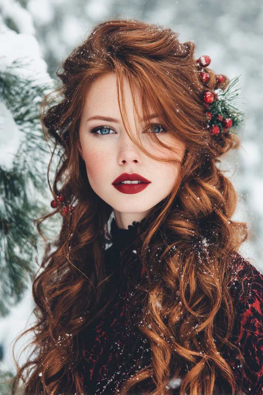 Romantic Half-Up Loose Curls with Seasonal Berry Accent