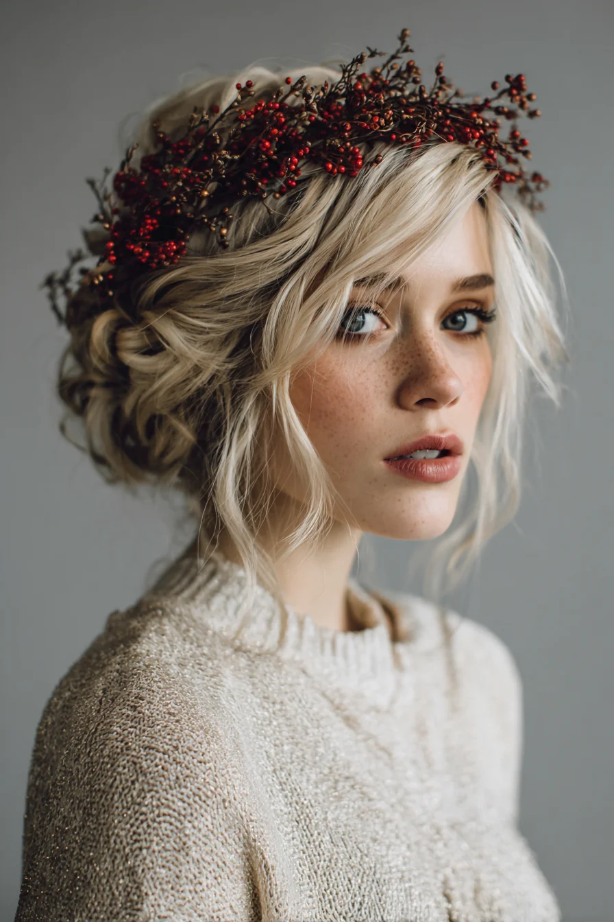 Romantic Messy Low Updo with Face‑Framing Waves and Berry Crown