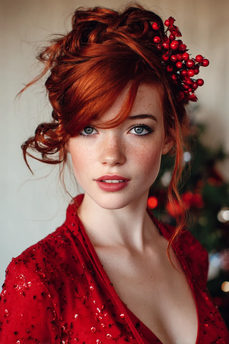 Romantic Messy Updo with Side-Swept Fringe and Berry Hair Accessory