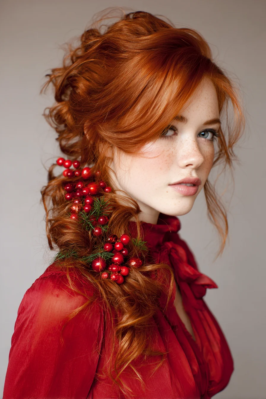 Romantic Red Side Braid Updo with Festive Berry Accents