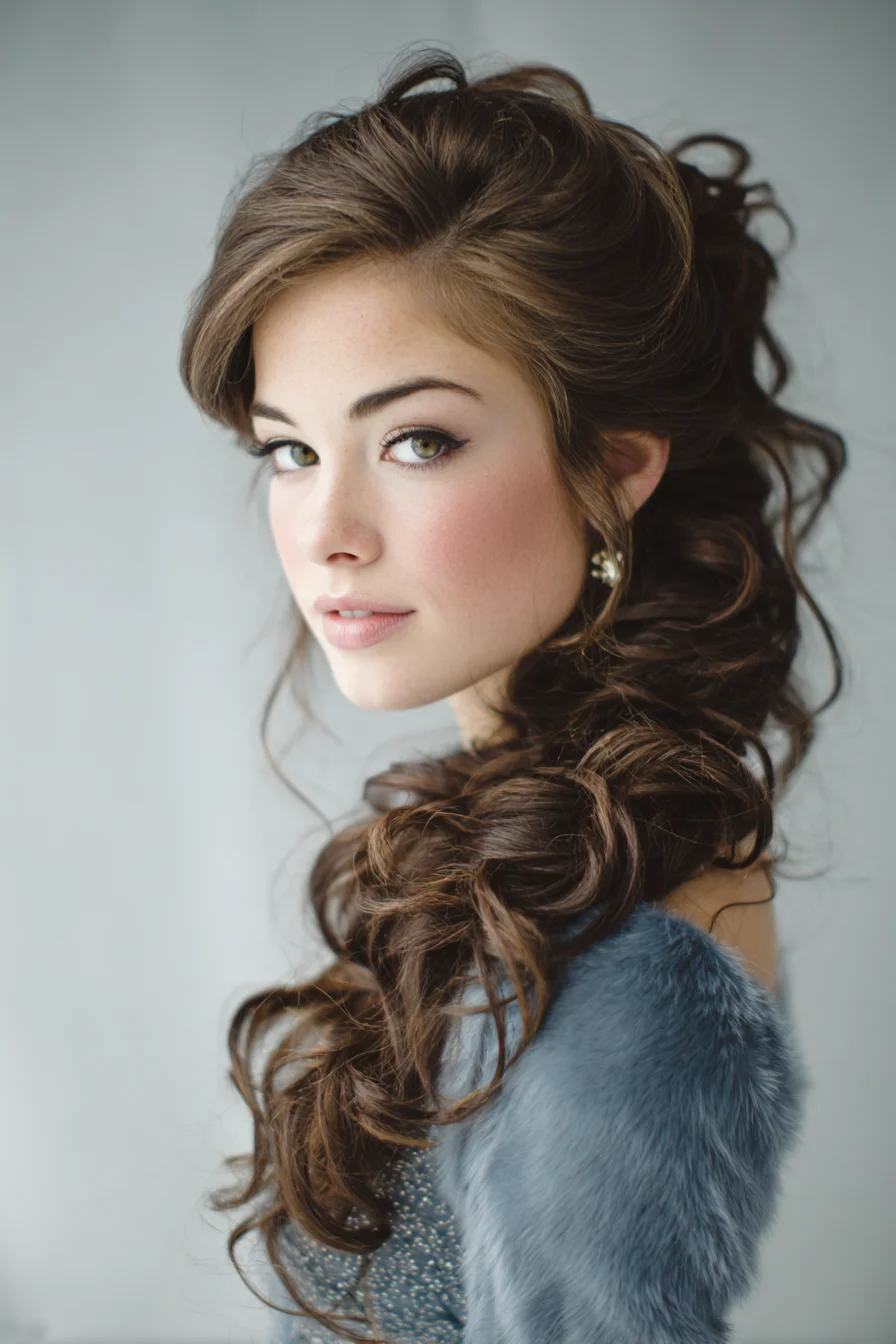 Romantic Side-Swept Cascade: Voluminous Half-Up Curls