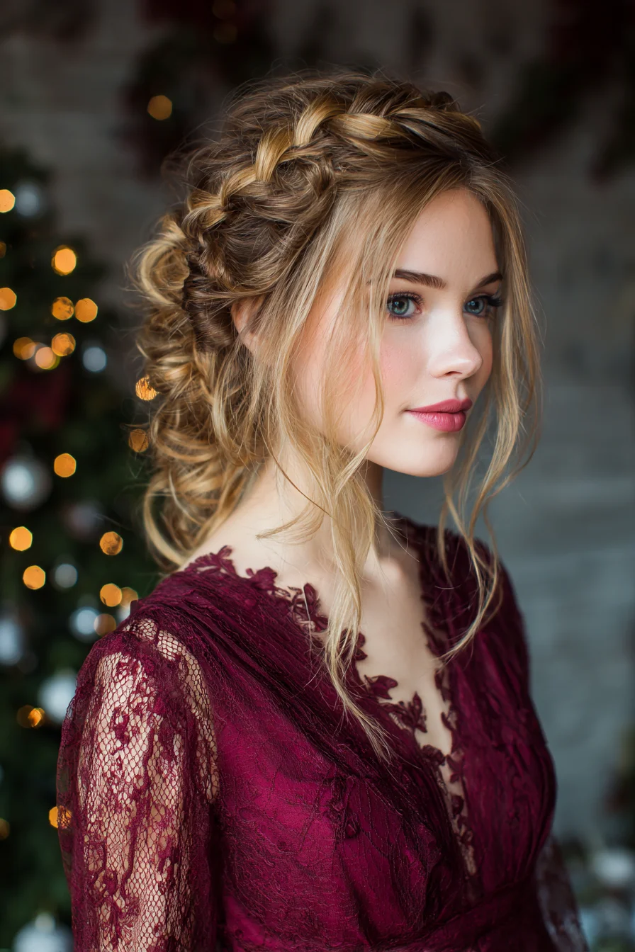 Romantic Textured Braided Updo with Face‑Framing Tendrils
