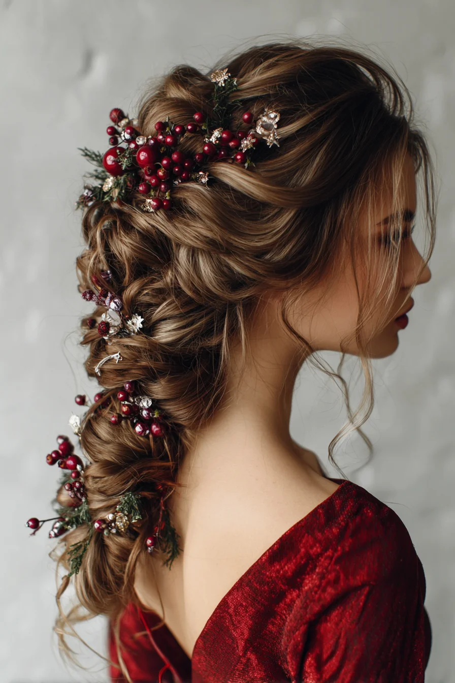 Romantic Textured Low Braid with Festive Berry Accessories