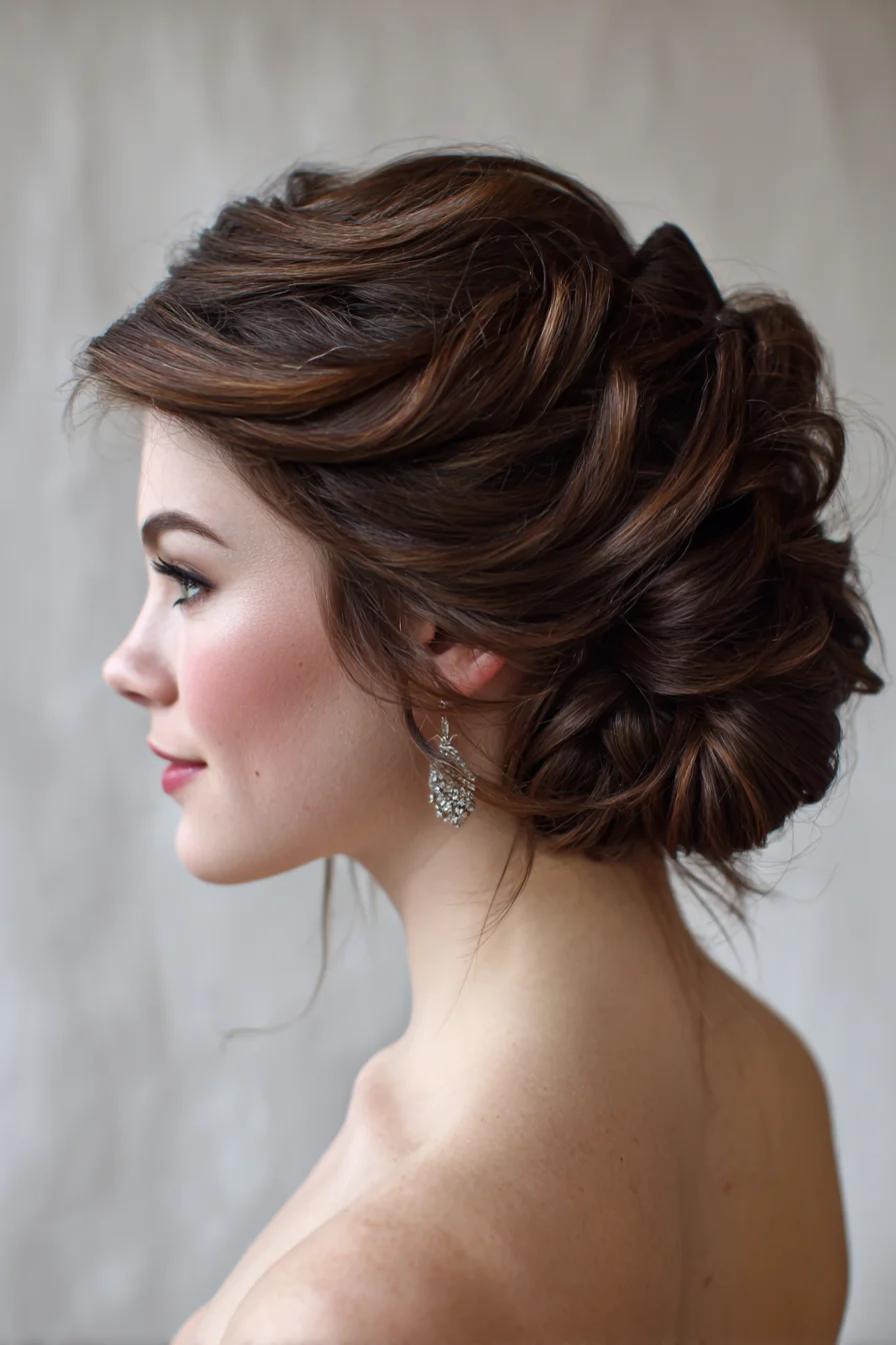 Romantic Textured Low Bun Updo with Side-Swept Volume