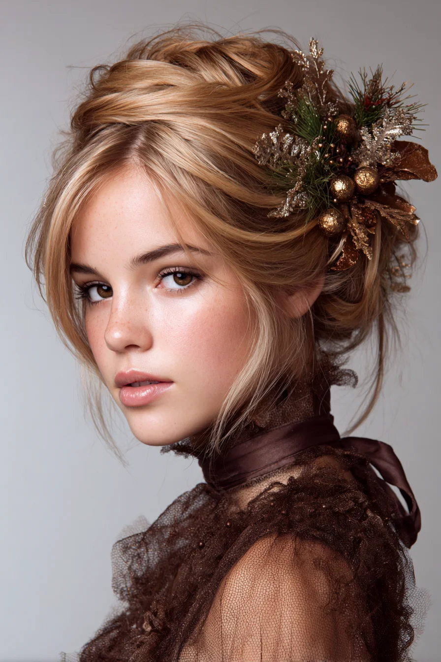 Romantic Textured Messy Updo with Floral Accent