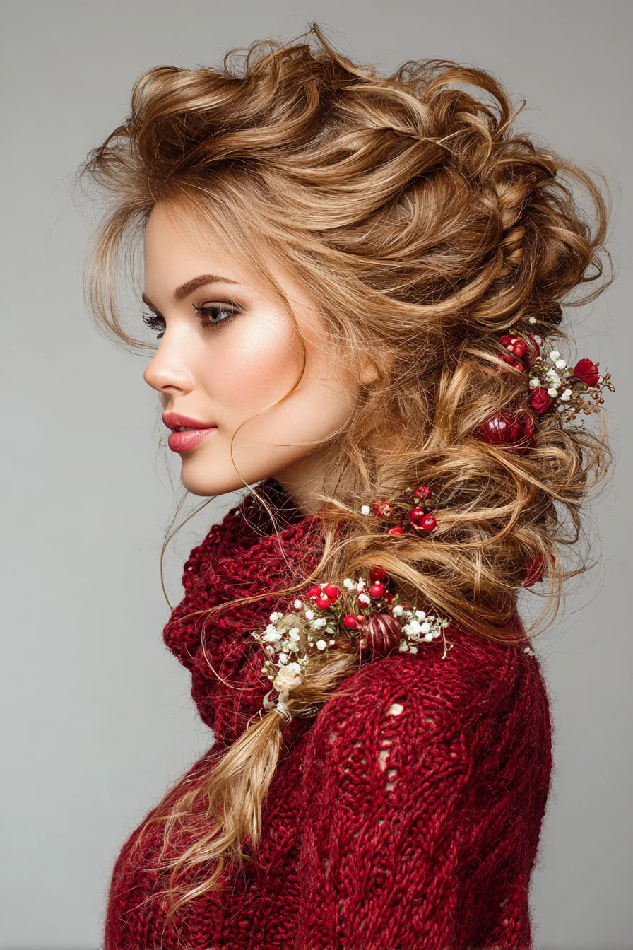 Romantic Textured Side Braid with Floral Accents