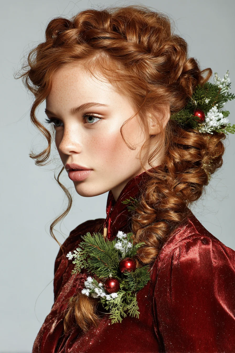 Romantic Textured Side Braid with Loose Tendrils and Holiday Greenery