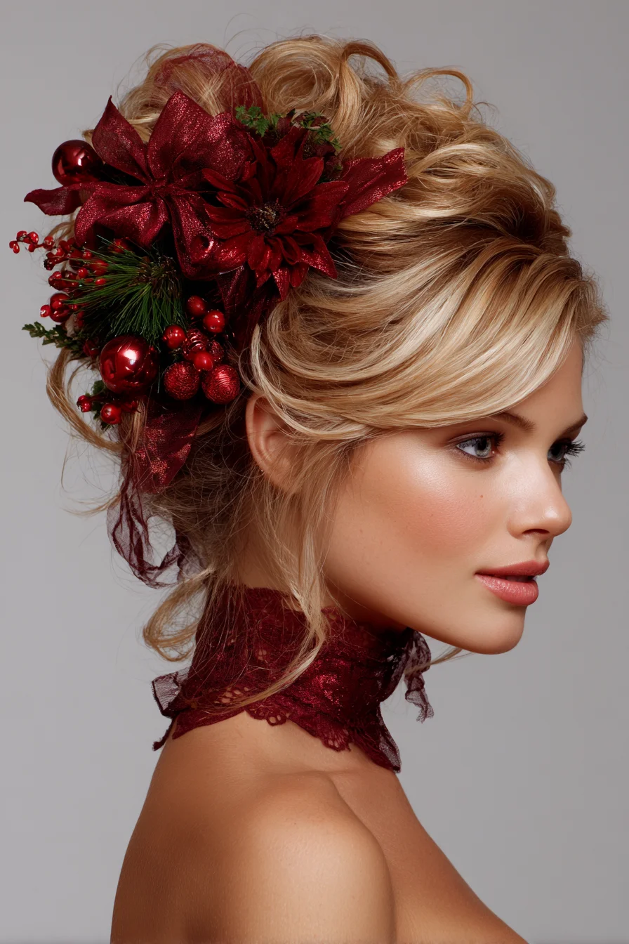 Romantic Textured Updo with Red Floral and Berry Accents