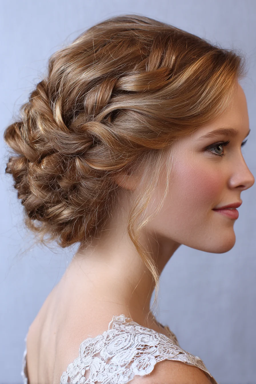 Romantic Twisted Braided Low Bun with Face‑Framing Tendrils