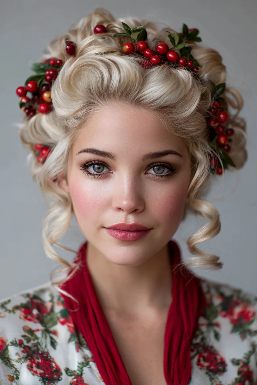 Romantic Vintage Curled Updo with Berry Crown — Soft Blonde Bridal Hairstyle