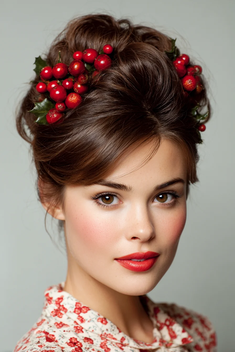 Romantic Voluminous Bouffant Updo with Berry Accent Pins