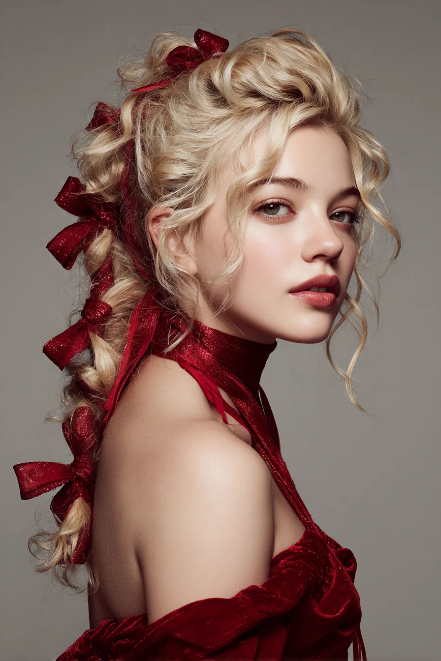 Romantic Voluminous Ribbon-Braided Updo for Long Hair