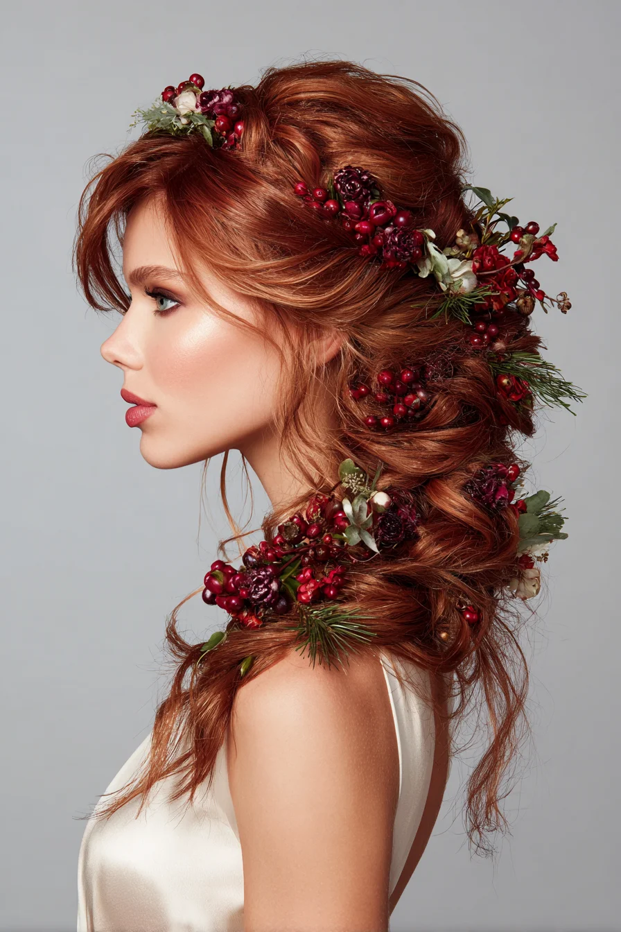 Romantic Voluminous Textured Updo with Berry Floral Accents