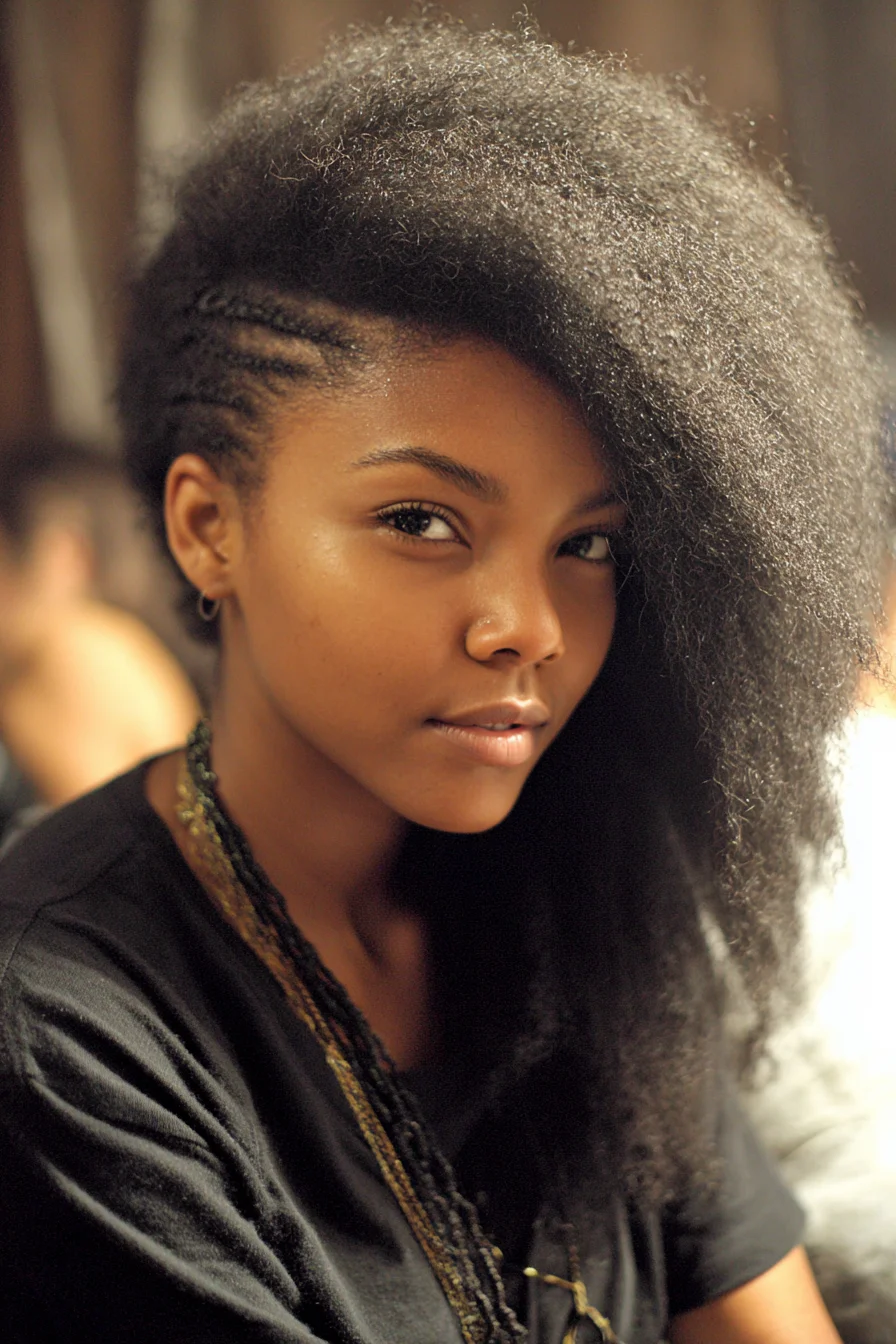 Salon-friendly textured side-swept afro with cornrowed undercut