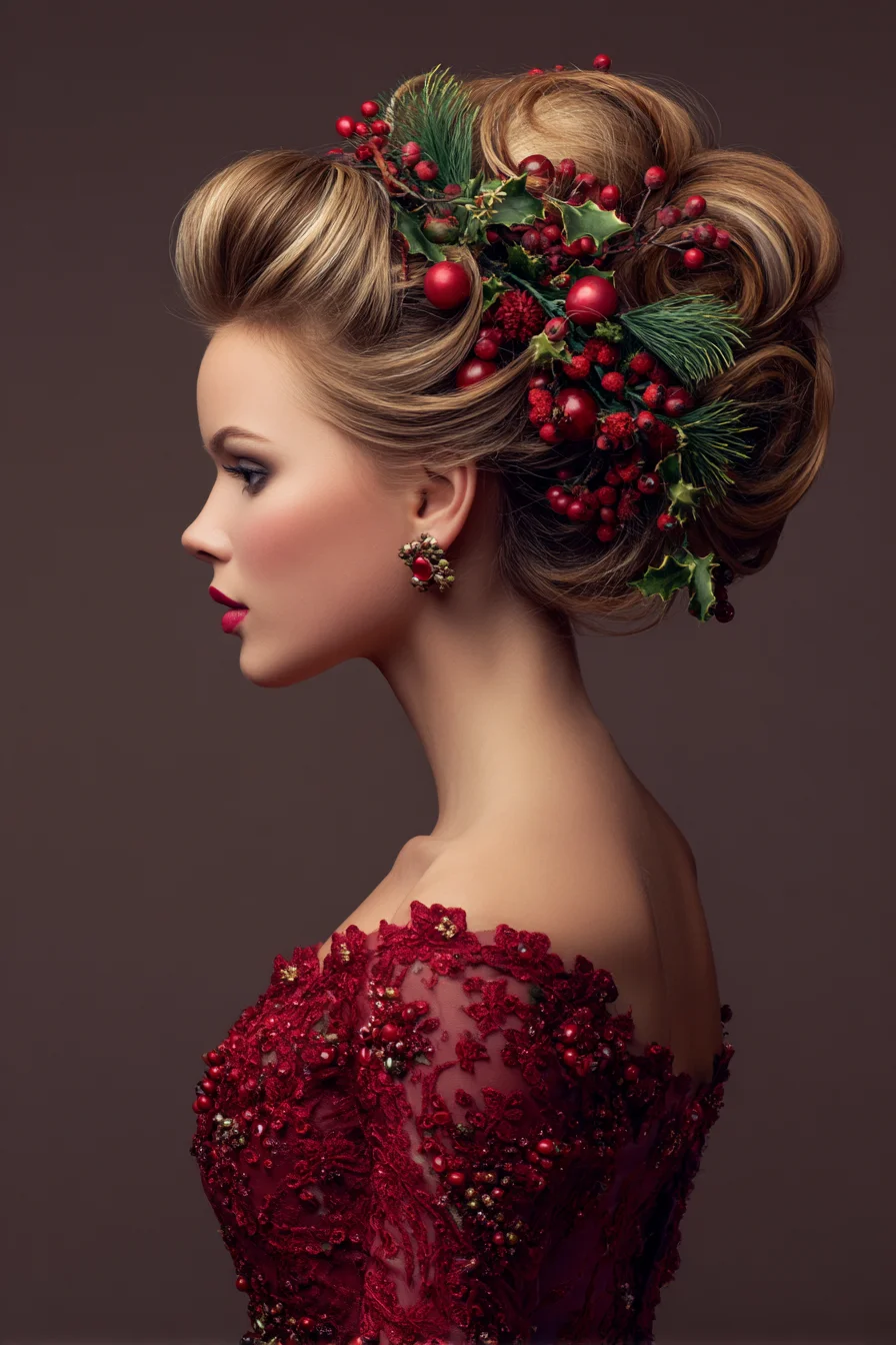 Sculpted Festive Updo with Berry & Pine Accents