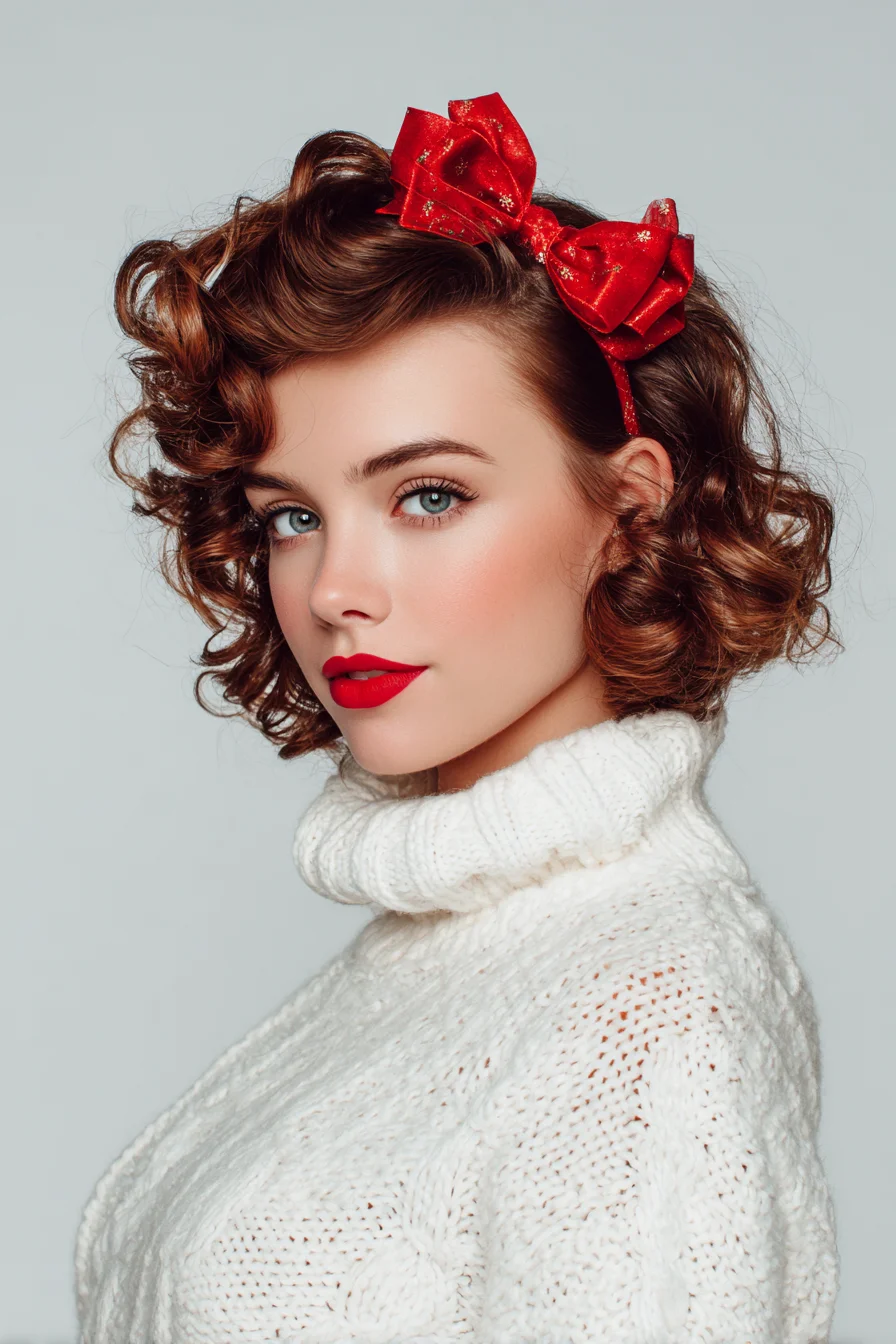 Short Curly Bob with Vintage Finger Waves and Festive Bow