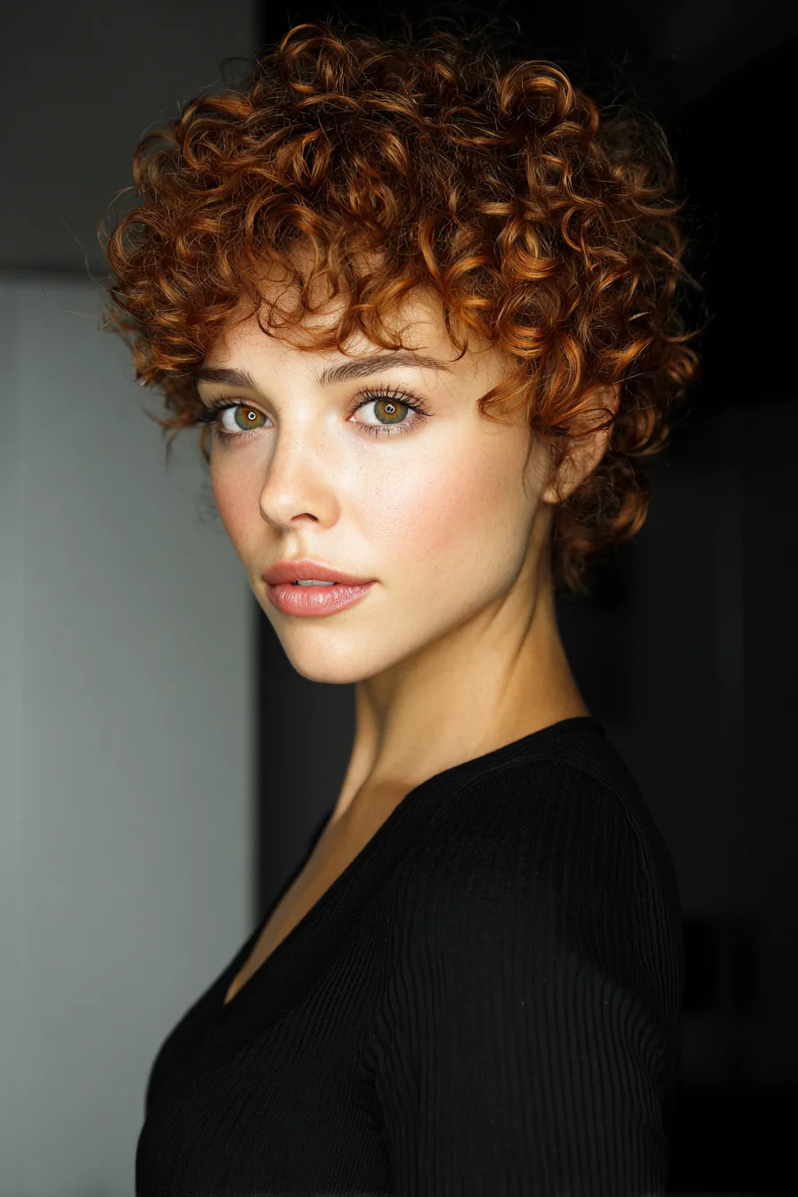 Short Curly Pixie with Soft Fringe — Copper Ringlet Texture