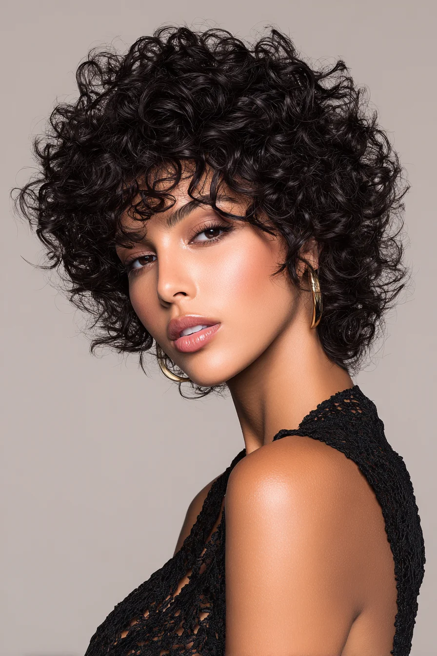 Short Curly Shag with Face-Framing Bangs — Voluminous Layered Curls