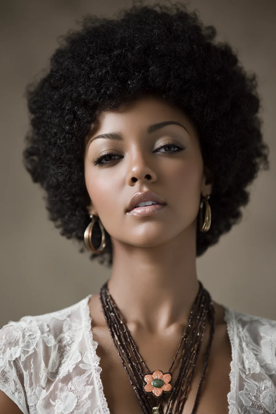 Short Natural Afro with Defined Coils and Rounded Shape