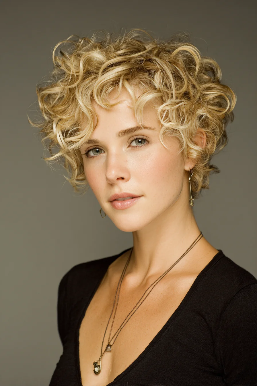 Short Textured Curly Pixie — Layered Blonde Curls
