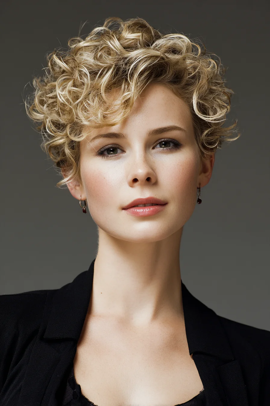 Short Textured Curly Pixie with Tousled Volume and Tapered Sides