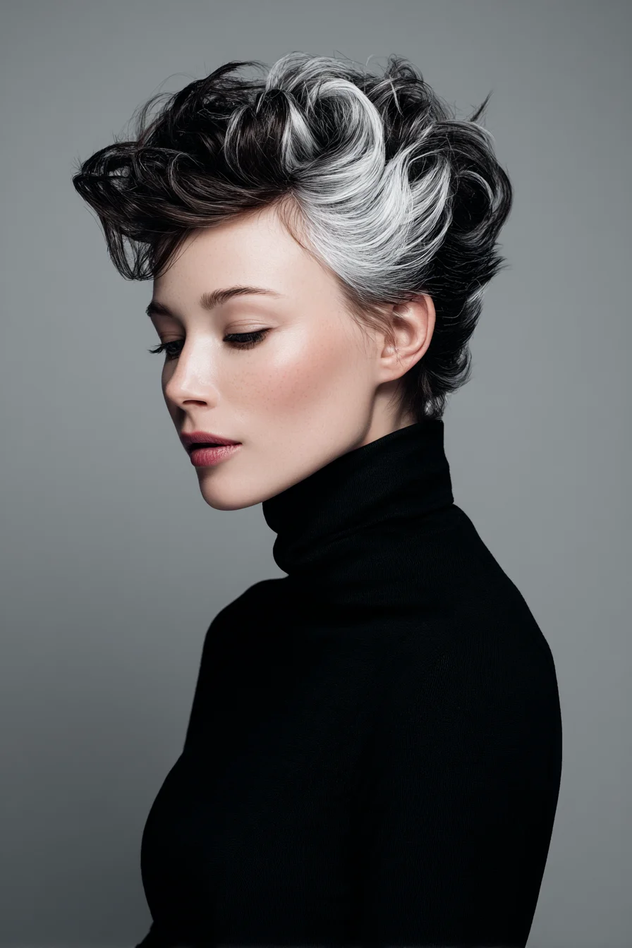 Short Textured Pixie with Voluminous Waves and Silver Streaks