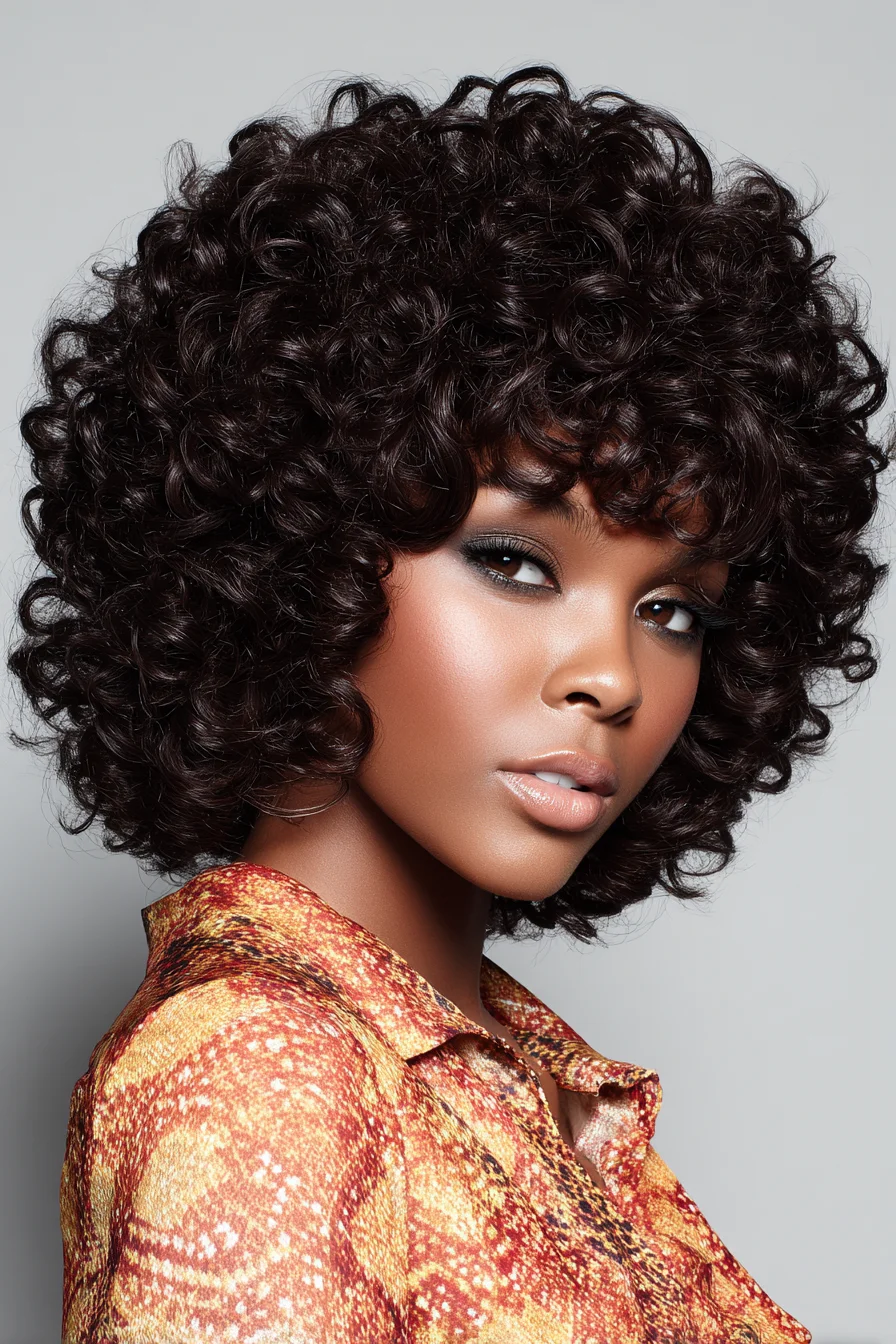 Short Voluminous Curly Afro with Soft Fringe