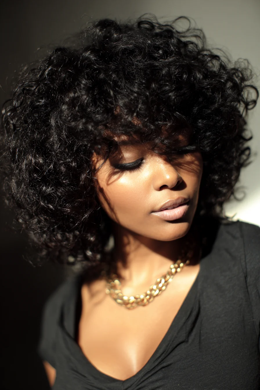 Short Voluminous Curly Bob with Soft Curly Bangs