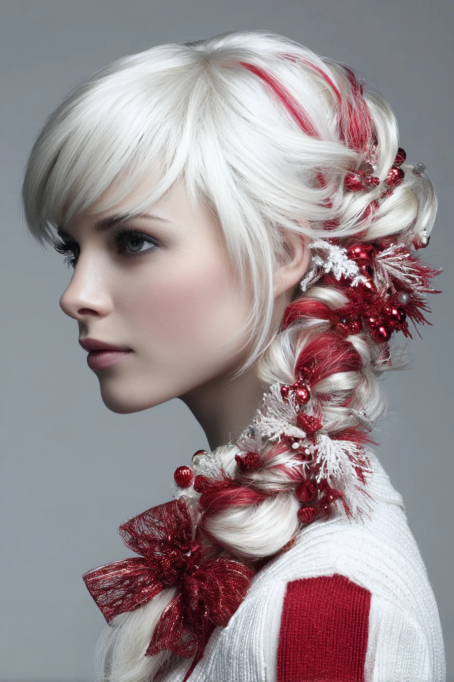 Side Chunky Braid with Red Streaks and Festive Ornamentation