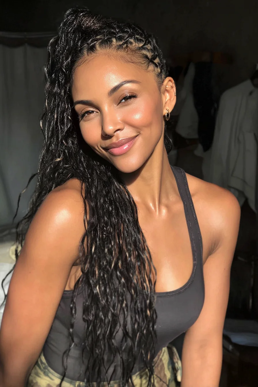 Side Cornrows into High Textured Wet‑Look Ponytail
