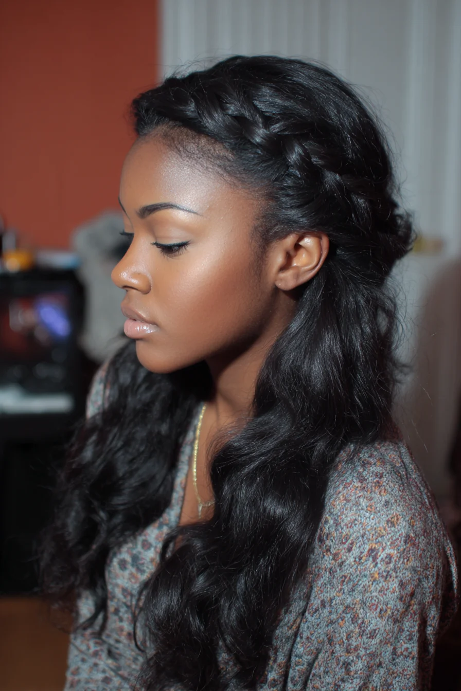 Side Crown Dutch Braid with Loose Wavy Lengths