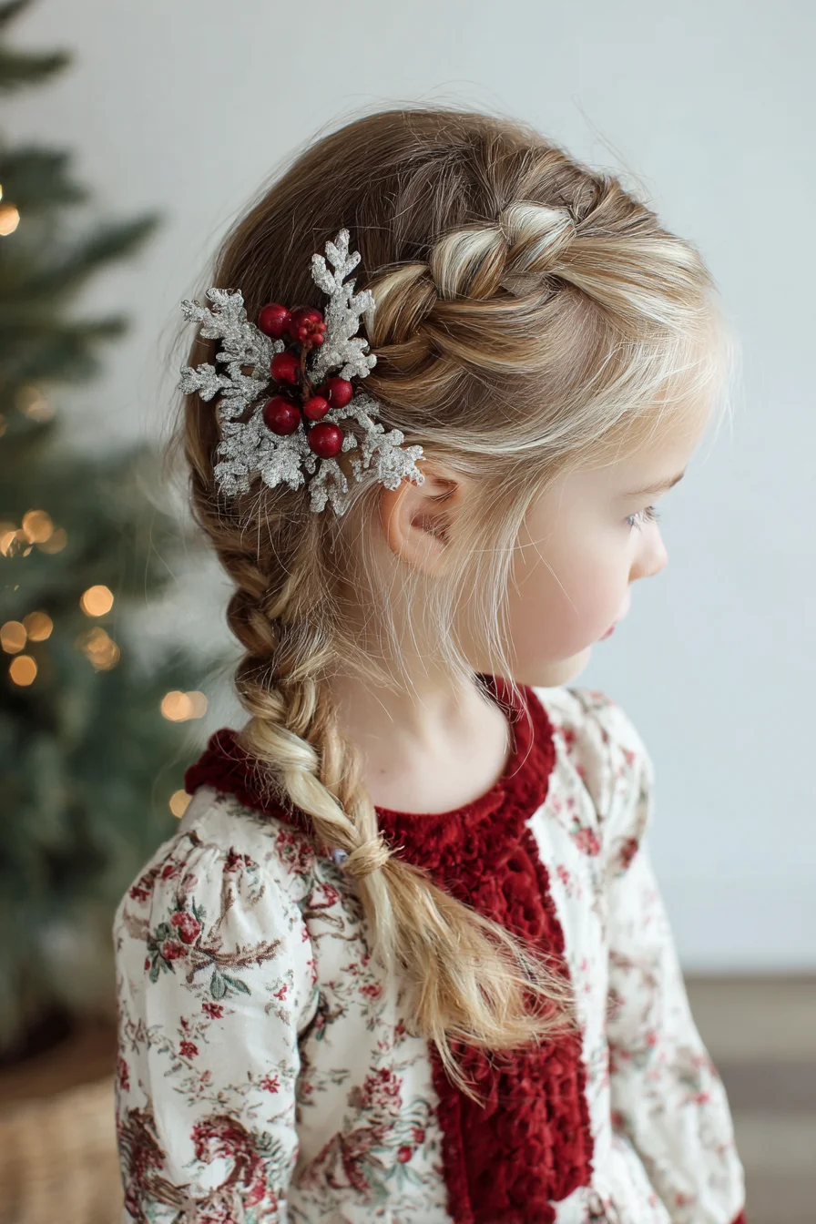 Side Dutch Braid Into Low Braid with Festive Hair Accessory