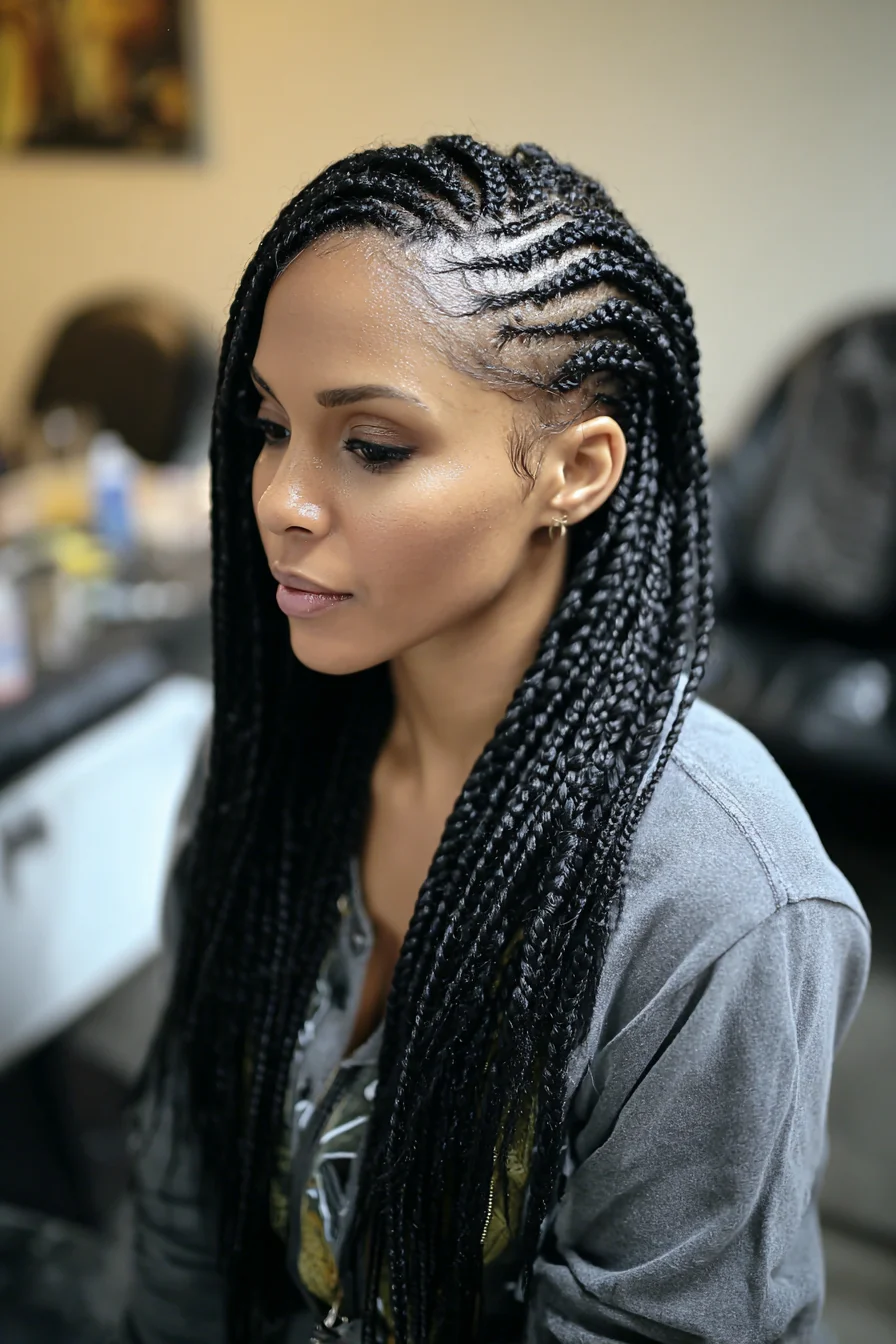 Side Feed-In Cornrows with Long Box Braids