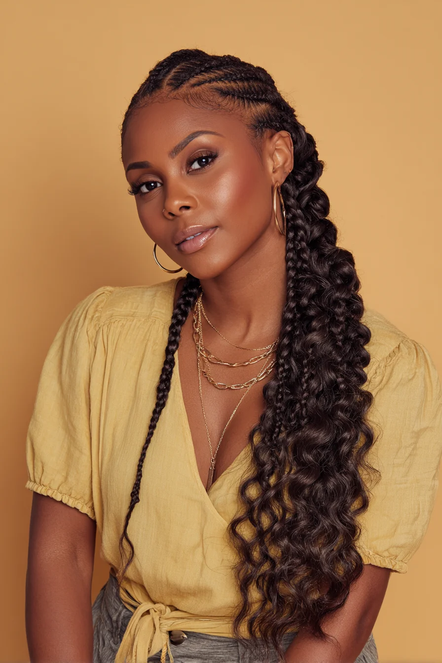 Side Feed‑In Cornrows with Long Wavy Extension Ponytail