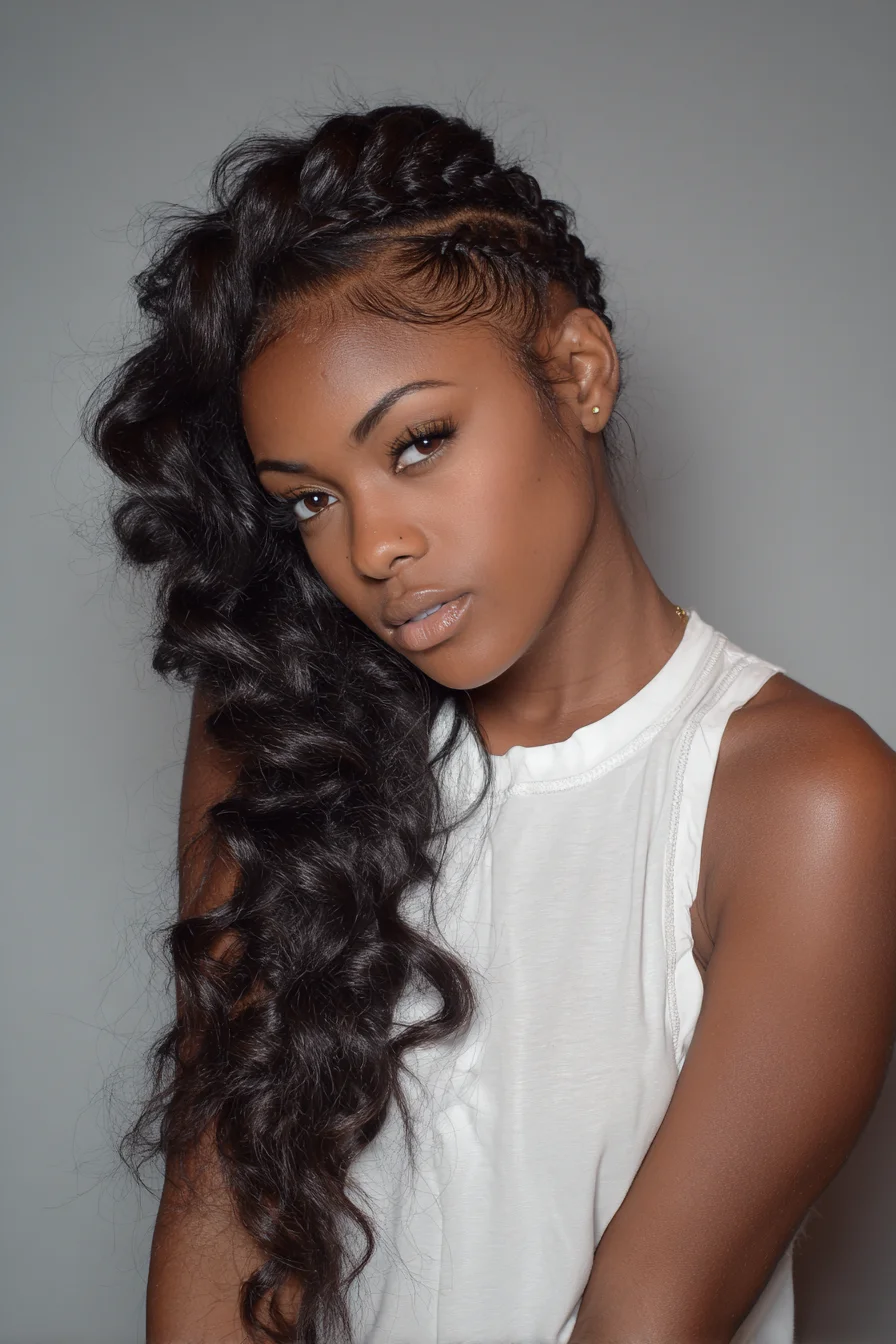 Side-Swept Cornrow Crown with Loose Hollywood Waves