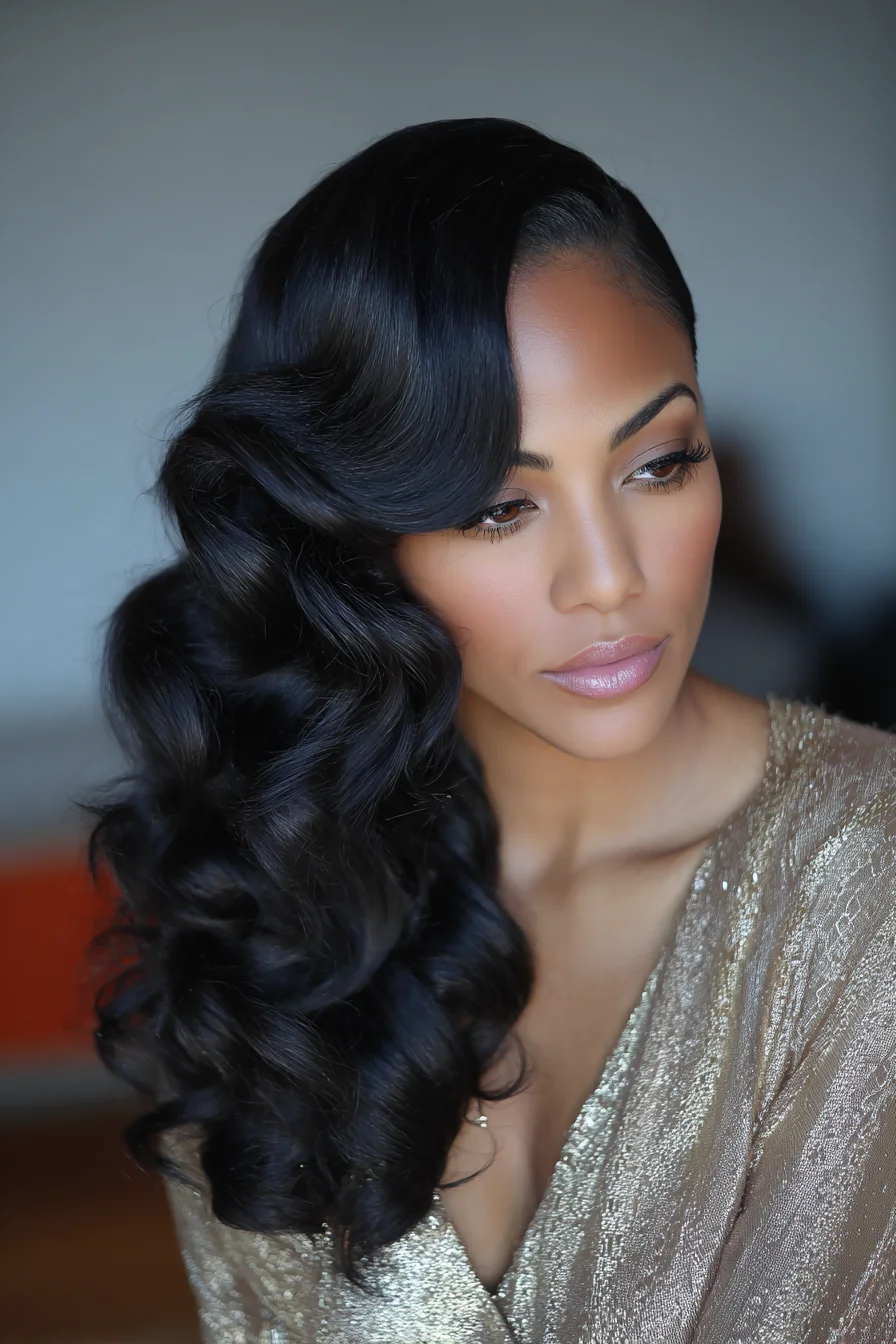 Side-Swept Hollywood Waves — Long Glossy Curls for Thick or Medium Hair