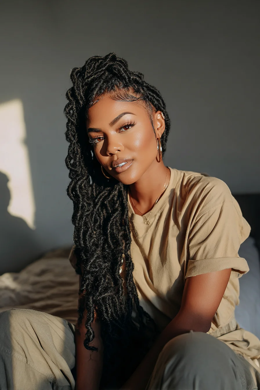 Side-Swept Long Faux Locs Half-Up with Laid Baby Hairs