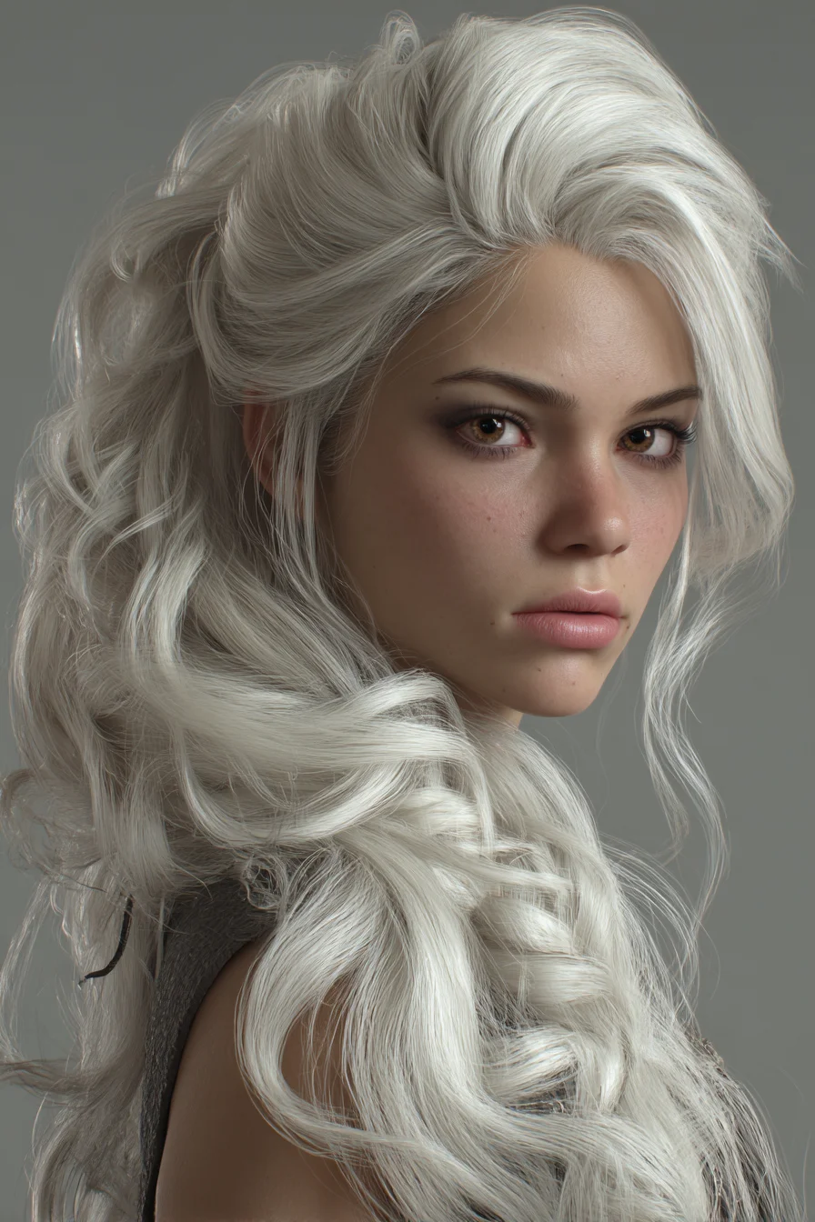 Silver-White Voluminous Half-Up Waves with Face-Framing Layers