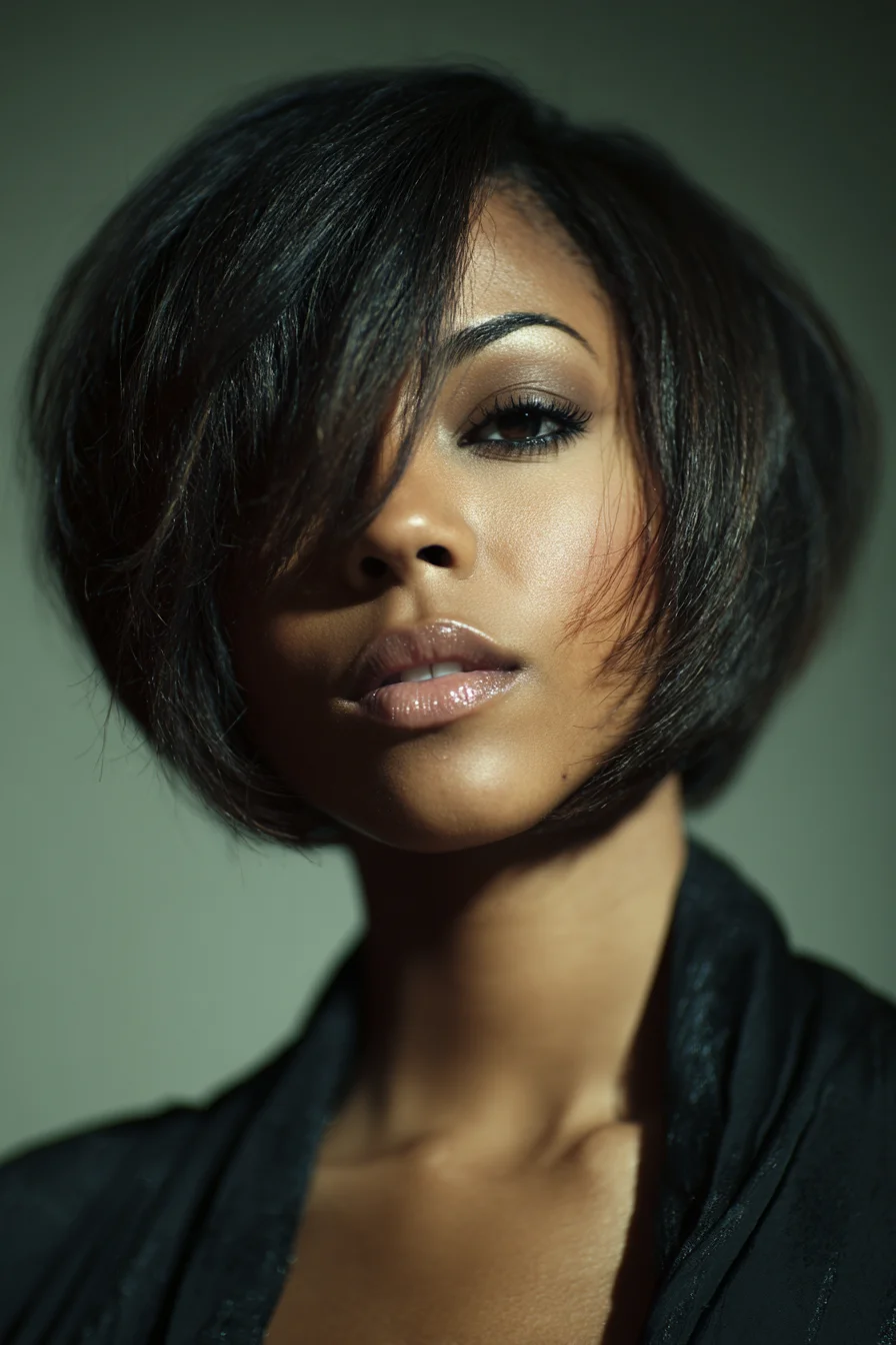 Sleek Angled Bob with Side‑Swept Fringe — Layered Short Bob